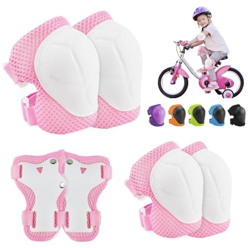 Set ginocchiere bambini Protezioni polsi gomiti 6 in 1 Skateboard, pattini, hoverboard, bicicletta (rosa bianco)
