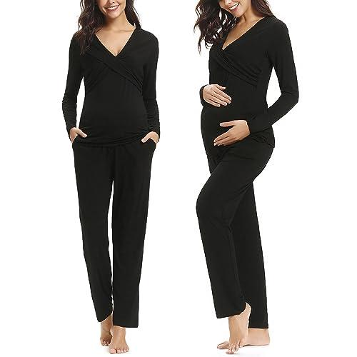 Irdcomps Pigiama Premaman Donna Lungo Pigiama Allattamento Set Pigiama Invernale Cotone Caldo Indumenti da Notte per La Gravidanza Manica Lunga Set Pigiama Ospedale Funzione Infermieristica Nero XL