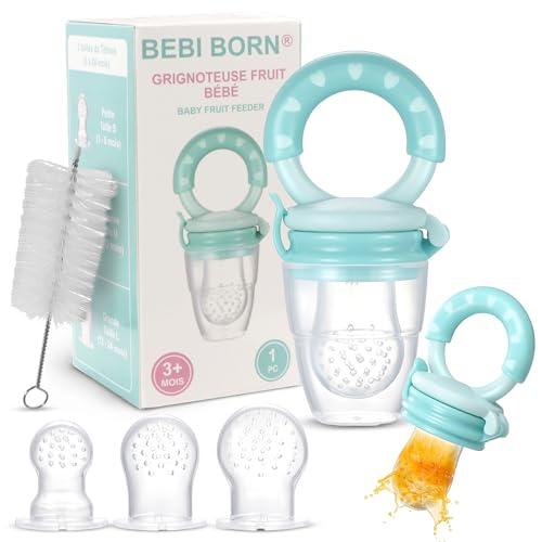 BEBI BORN 1 Ciuccio Frutta Neonati + 3 Taglie di Tettarelle Silicone senza BPA 4 a 24 mesi - Ciuccio per frutta neonati Blu - Ciuccio Frutta allevia il dolore alle gengive - Manuale d'uso Inclusi