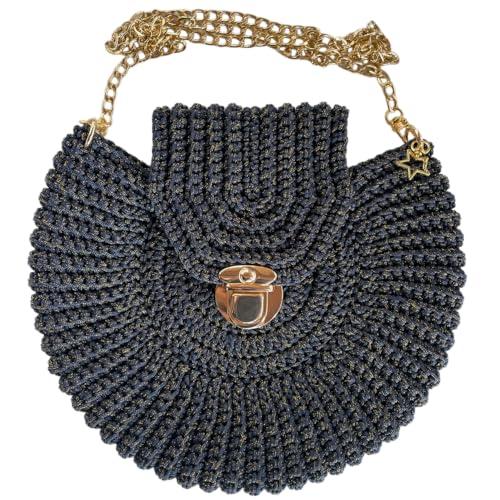 Borsa a Mano Uncinetto Artigianale - Design Circolare con Catena Dorata - Elegante Borsetta da Donna con Chiusura in Metallo
