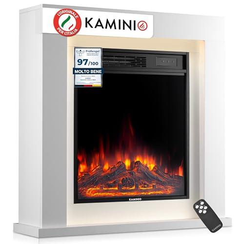 KAMINIO Camino elettrico Matti - Caminetto da pavimento con riscaldamento, effetto fiamma 3D, luce ambiente a LED, telecomando - 32 pollici (Bianco)
