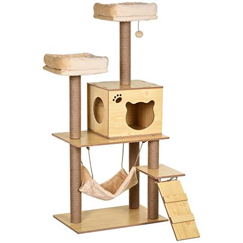 PawHut Albero Tiragraffi per Gatti con Casetta, 2 Lettini, Amaca e Pallina da Gioco, Torre per Gatti in Truciolato, Poliestere e Sisal, 60x40x130 cm, Multicolore