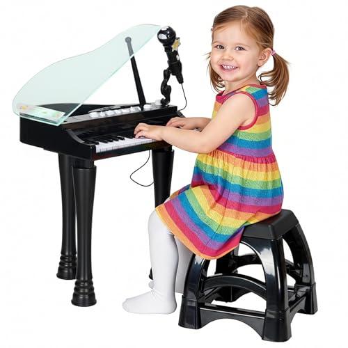 AIYAPLAY Pianoforte per Bambini a 32 Tasti con Sgabello, Microfono e Musiche, Tastiera Pianoforte Giocattolo con Gambe Rimovibili, Nero