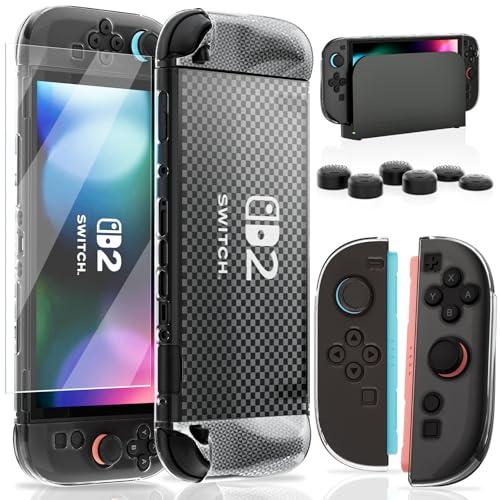 HEYSTOP Custodia per Nintendo Switch 2 Dockable Clear Soft TPU Cover Protettiva per Nintendo Switch 2 Grip con Una Protezione per Lo Schermo in Vetro Temperato Switch 2 e 6 Cappucci per Levette