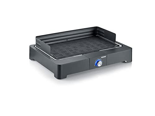 SEVERIN PG 8567 Barbecue elettrico 2200 Watt con piastra in alluminio pressofuso, Grill elettrico per interni ed esterni con luce LED, Griglia da tavolo o balcone, fumo e odori ridotti, Nero
