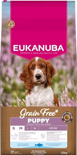 Eukanuba Mangime per cuccioli senza cereali con pesce per razze di taglia piccola e media, mangime secco premium senza cereali per cani giovani, 12 kg