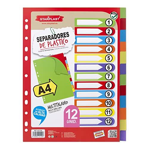 Confezione da 12 separatori StarPLAST – Confezione da 12 separatori colorati, per raccoglitori con 2 o 4 anelli, organizer, rubriche, per scuola o ufficio.