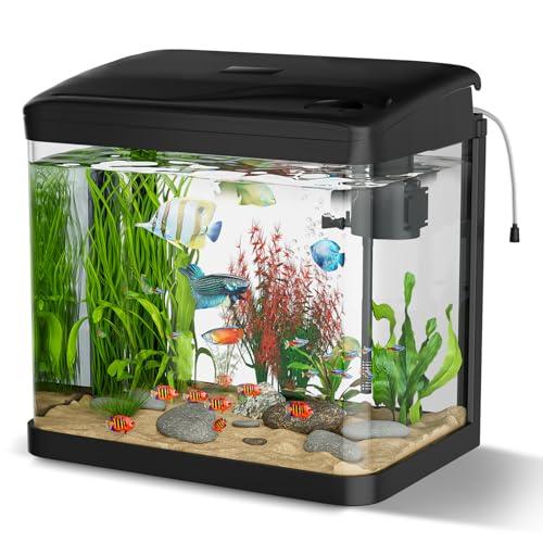 Acquario Piccolo in Vetro, GuKKK Completo Acquarios Per Pesci Rossi Tartarughe D'acqua con Illuminazione a LED e Sistema di Filtraggio,Nero,Set Per Principianti Mini Acquario Completo (6L)