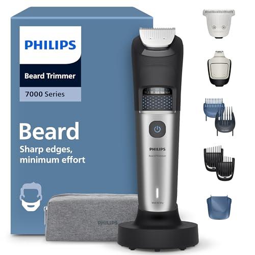 Regolabarba Philips serie 7000 - Lame in metallo autoaffilanti, 40 impostazioni di lunghezza, tecnologia BeardSense, raccoglitore per peli, 100% impermeabile, rifinitore ampio, modello BT7670/15