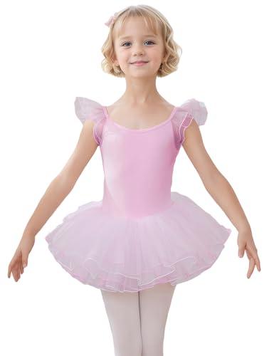 HIPPOSEUS Ragazza Vestito da Balletto Tutu Body Danza Bambina Classica Balletto Abito Manica Corta,Y-04WDM-Rosa Balletto, 7 anni