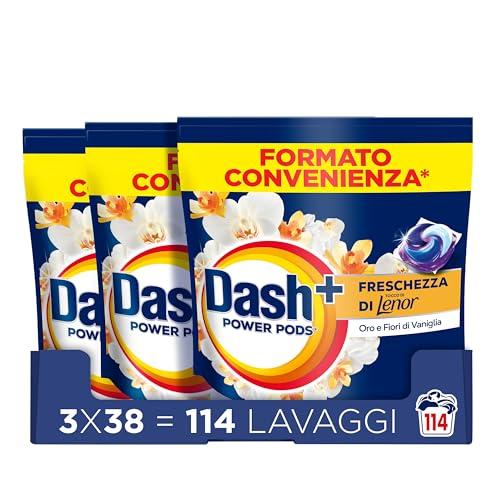 Dash Power Pods Detersivo Lavatrice In Capsule, 114 Lavaggi (38x3), Freschezza Di Lenor, Oro e Fiori di Vaniglia, Freschezza che dura 7 Giorni, Pulizia Impeccabile