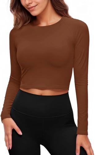 Fisoew Maglietta sportiva da donna, a maniche lunghe, girocollo, per yoga, allenamento crop top, slim fit, marrone, S