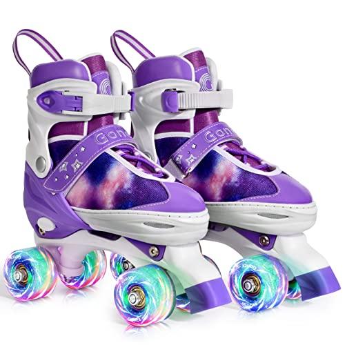 Gonex Pattini a Rotelle per Bambina Bambini Ragazzi Ragazze Principianti, Pattini Regolabili con 4 Ruote Illumina LED(Viola, S)