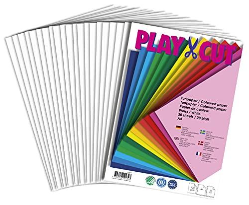 PLAY-CUT Carta colorata bianca (130 g/m2), 20 fogli A4, per lavori di fai da te, set di carta spessa e stampabile, formato A4, alta qualità