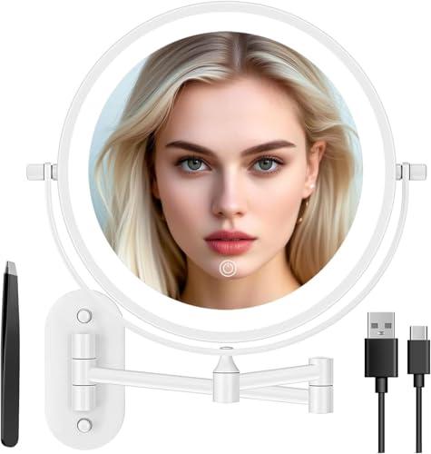 Auxmir Specchio Trucco con Ingrandimento, Specchio da Parete a 54 LED 3 Colori di Luce, Specchio Estensibile, Rotazione a 360°, Alimentato da Batterie Ricaricabile 3200mAh, per Bagno, Bianco 30X-USB