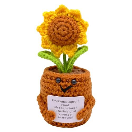HVIHWI Fiori fatti a mano all'uncinetto, regalo di supporto emotivo, piccole decorazioni da scrivania in vaso a maglia con cuore rosso, regalo motivazionale per erbacce, mensola da tavolo, ornamento