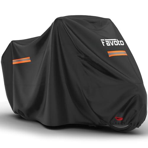 Favoto Telo coprimoto impermeabile per esterno Resistente a Acqua, Polvere, Pioggia, Vento, Escrementi di Uccelli Telo per Moto con strisce riflettenti Nero 220cmx102cmx122cm