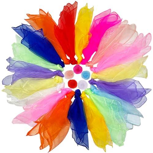 Druuzyl 24 Foulard Giocoleria 60x60cm - Chiffon colorato per Bambini - Set 12 Colori per Danza, Circo e Giochi - Sciarpe magiche quadrate in Tessuto Leggero