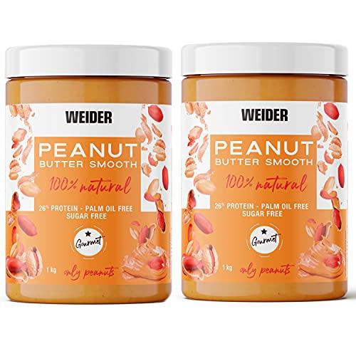 Weider Peanut Butter (2x1kg) Burro di Arachidi 100% naturale, 26% di Proteine, Senza Zuccheri Aggiunti, Adatto ai Vegani, senza Olio di Palma