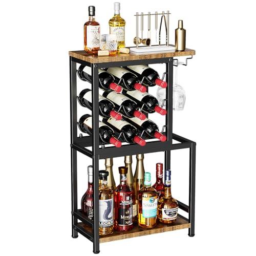 Nuovoware Scaffale per Vini da Terra, Portabottiglie Tavolo 3 Livelli Portabicchieri, Versatile Supporto Liquori il Bar Casa, Mini Tavolo Bar Espositore Angolare per Vino Whisky Liquori, Nero+Marrone
