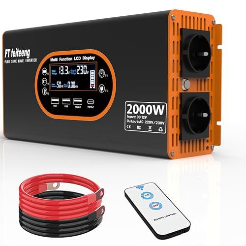 2000W inverter 12v 220v onda pura - trasformatore 12v di tensione Display LCD con 2 prese UE e 3 porte USB e una porta di tipo C，presa con telecomando per camper, auto e campeggio