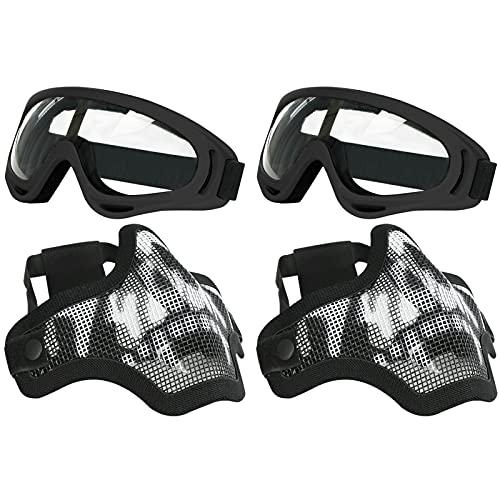 Aoutacc Set maschera e occhiali per softair, maschera a mezzo viso in rete d'acciaio e occhiali per CS/caccia/paintball/tiro (confezione da 2 maschere nere a forma di teschio)