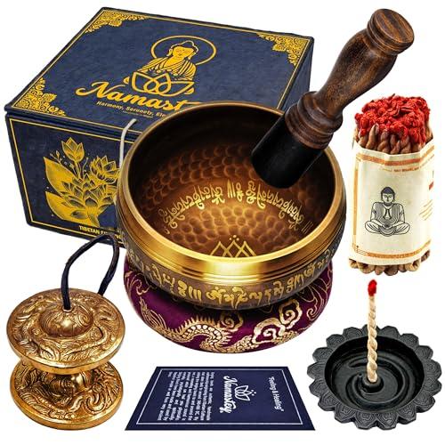 NAMASTEY® – Campana Tibetana – Ø10 cm – Cimbali tibetani – Tingsha – Bruciatore incenso – Incenso di Corda – In Scatola di Lokta – Set di Accessori per Meditazione e Yoga – Fatto a Mano in Nepal