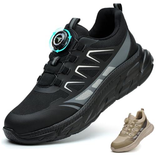 BAXIWUY Scarpe Antinfortunistiche Uomo Scarpe da Lavoro Donna Leggere Traspiranti Sneakers Alte Antiscivolo Comode Scarpe Sicurezza Regolazione Rapida dei Lacci Nero, 43 EU