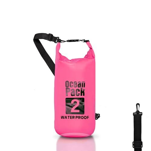Dry Bag, Borsa Sacca Zaino Impermeabile Waterproof, chiusura a rotolo e tracolla, custodia impermeabile per cellulare e marsupio per Mare Barca Pesca Rafting Spiaggia Sport Acquatici (Pink, 2l)