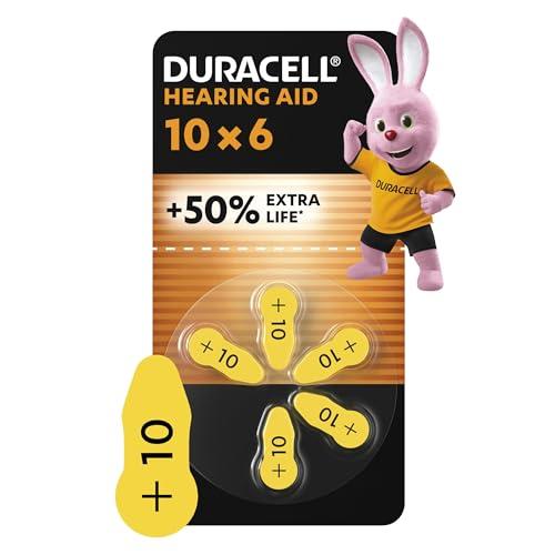 Duracell Batterie per apparecchi acustici formato 10 (confezione da 6) +50% di durata extra, installazione semplice, imballaggio 100% riciclabile, assicurate per 4 anni nell'ambiente di stoccaggio