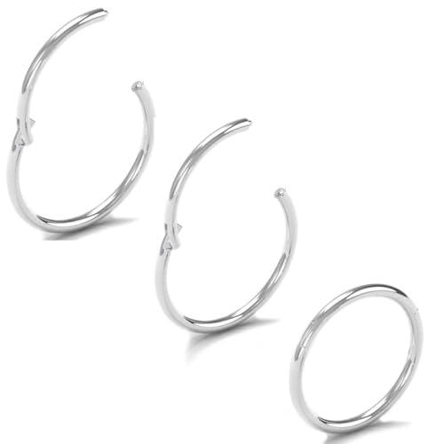 Voarge 3 pezzi naso anello argento oro 20G piercing naso 7mm 8mm 9mm setto gioielli nero oro rosa segmento naso piercing anello Hoop Lip Tragus Helix piercing orecchini (Argento)