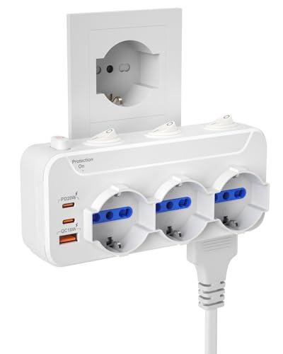 Presa Multipla Salvaspazio,Ciabatta Elettrica Multipresa 6 Posti con Protezione Sovratensione e Interruttore,3 Polivalenti Schuko-Bipasso e 3 Bivalenti Prese IT,Adattatore Tripla,Spina Ita 16A,Bianco