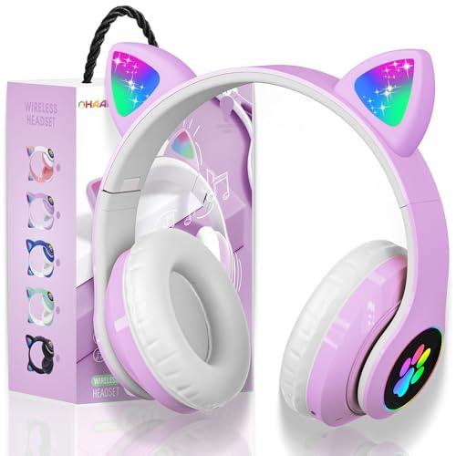 Cuffie per Bambini Wireless con Luce LED, Cuffie Bluetooth per Ragazze con Orecchie di Gatto Cuffie Pieghevoli Sull'orecchio con Microfono, Micro SD Regalo di Natale/Compleanno per Ragazze(Viola)