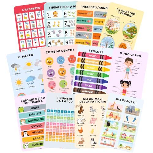 Poster Educativi per Bambini in Italiano - Set 13 Poster Didattici A3 Laminati e Resistenti 250 gsm con Adesivi, Alfabeto, Numeri, Colori, Giorni, Mesi, Animali, Corpo - Ideali per Cameretta e Scuola