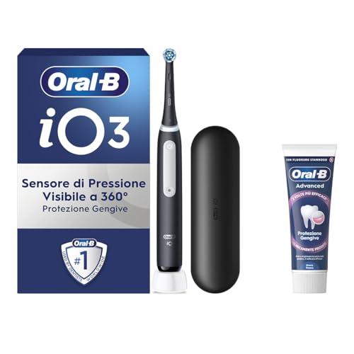 Oral-B Spazzolino Elettrico Ricaricabile iO 3 Nero, 1 Spazzolino Elettrico, 1 Testina Di Ricambio, Custodia Da Viaggio + Dentifricio Oral-B Advanced Protezione Sensibilità, Pulizia Denti