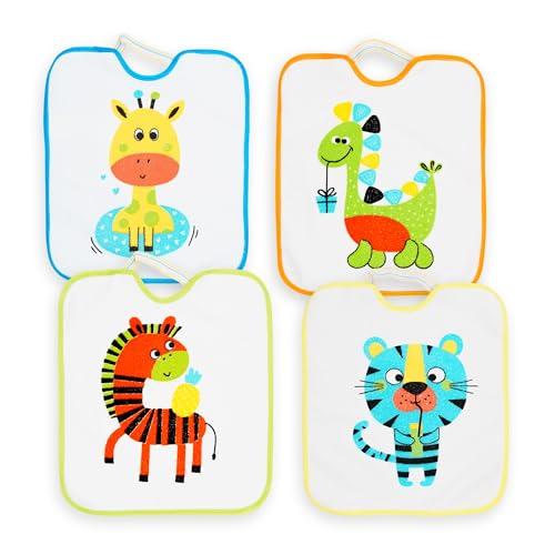 Ti TIN Set di 4 Bavaglini Asilo con Elastico per Bambini | Impermeabili e Assorbenti | 73% Cotone 27% Poliestere | Forro Vinilico | Lavabili in Lavatrice | Stampa Animali Divertenti | 32x28 cm
