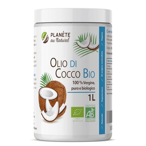 Olio di Cocco Bio 1 L - Planète au Naturel - Crudo e Spremuto a Freddo - Puro, Naturale, Non Raffinato - Olio di cocco alimentare - Olio di cocco per capelli