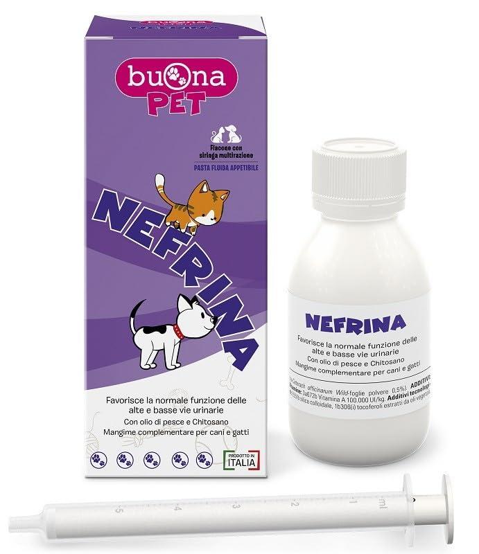 Buona Pet Nefrina Flacone Mangime Complementare, Integratori per Cane e Gatto, per La Normale Funzione Delle Vie Urinarie Alte e Basse Con Olio di pesce, Vitamina A, Chitosano, Spaccapietra