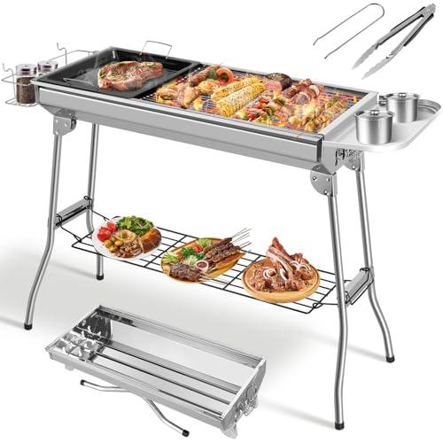 Barbecue a Carbonella XXL, Griglia a Carbone, Griglia Campeggio, Barbecue a Cabone Portatile Pieghevole in Acciaio Inossidabile con Padella Antiaderente, per Giardino Terrazza Picnic Campeggio