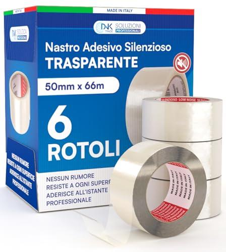 DNK TRADE Nastro Adesivo da Imballaggio Pacchi - 6 Rotoli di Nastro per Imballaggi 50mm x 66m Silenzioso Resistente all'Acqua - Colore Trasparente