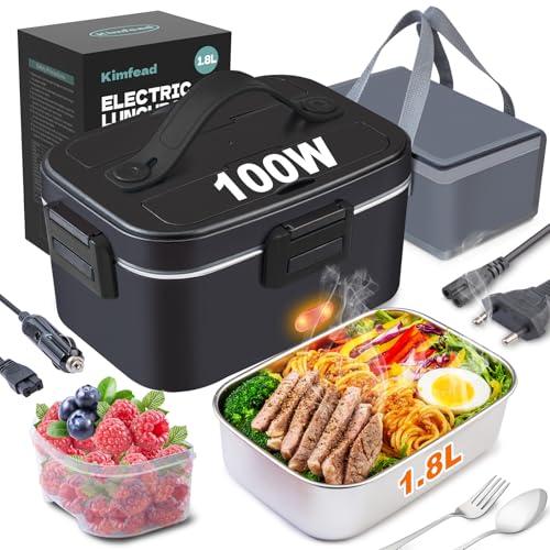 Kimfead Scaldavivande Elettrico Portatile 80W Lunch box elettrico 1,8L PortaPranzo Elettrico 12V/24V/230V Acciaio Inox Rimovibile Auto/Camion/Ufficio, Borse(1.8L-Nero)