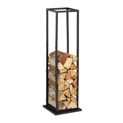 Relaxdays Scaffale Portalegna da Interno in Metallo, per Ceppi da Camino, HLP 121x35x35 cm, Porta Legna da Ardere, Nero