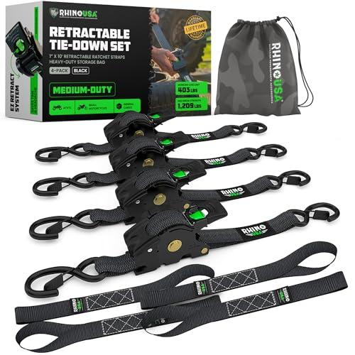 Fascette per cavi retrattili a cricchetto (confezione da 4): resistenza massima alla rottura di 540 kg, incluse (4) fascette per cavi retrattili automatiche da 2.5cm x 3m con maniglie imbottite-Nero