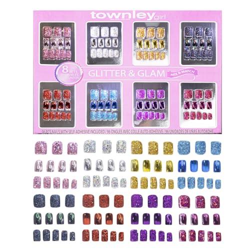 Townley Girl 96 Pezzi Glitter-Glamup & Metallic Press-On Nails Set di Unghie Finte Artificiali per Bambini, Feste, Pigiama Party e Makeover