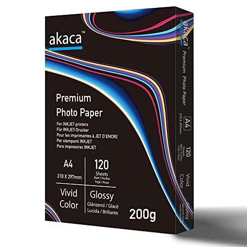 Akaca Carta Fotografica Lucida A4 (210 x 297 mm), 120 Fogli, 200g/m² – Impermeabile, Asciugatura Rapida, Compatibile con Stampanti Inkjet e Laser