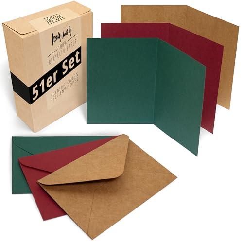 Japun - Set di 51 biglietti pieghevoli vuoti comprese buste, carte pieghevoli da progettare, etichettare o stampare - DIN A6 / C6 - marrone rosso verde