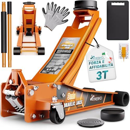 TRESKO Cric idraulico 3T altezza di sollevamento 75 – 510 mm | Cric idraulico per auto piatto con doppio pistone e ruote a 360°, sollevatore con 2 cuscinetti in gomma, tappetino protettivo, guanti e
