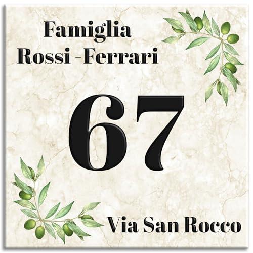 LMK DECO Numero Civico Targa Decorativa PERSONALIZZABILE,Numero Civico su Mattonella Ceramica 15x15cm, 20x20cm con Indirizzo e Nome Famiglia Personalizzato,Numeri Civici Moderni. (S)