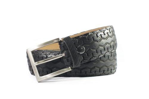 MNMUR Cintura uomo nera regolabile sportiva casual, fatta a mano in copertone di bicicletta in Italia. Taglia S/M (girovita cm 92.5-105). Dimensioni fibbia cintura uomo 35 mm, lunghezza cm 123