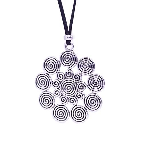 NILUXE DESIGN - Collana Spirale Donna Celtica In Zama Placcata In Argento Antico - Ciondolo Donna Sole Etnico Boho - Ciondolo Grande Celtico - Ciondolo Amuleto Talismano (Nastro scamosciato)